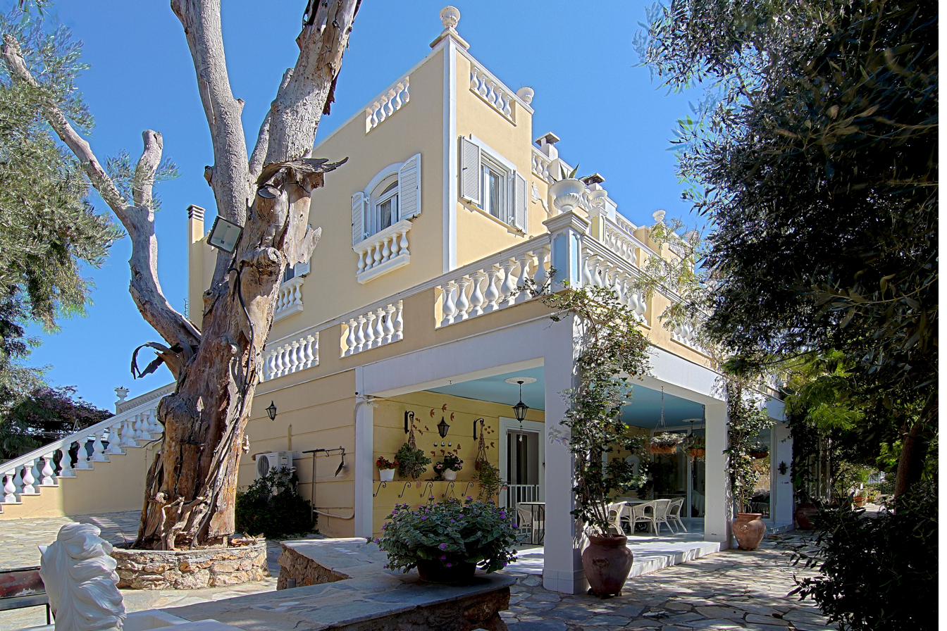 The yellow villa with white balustrades and a large old tree